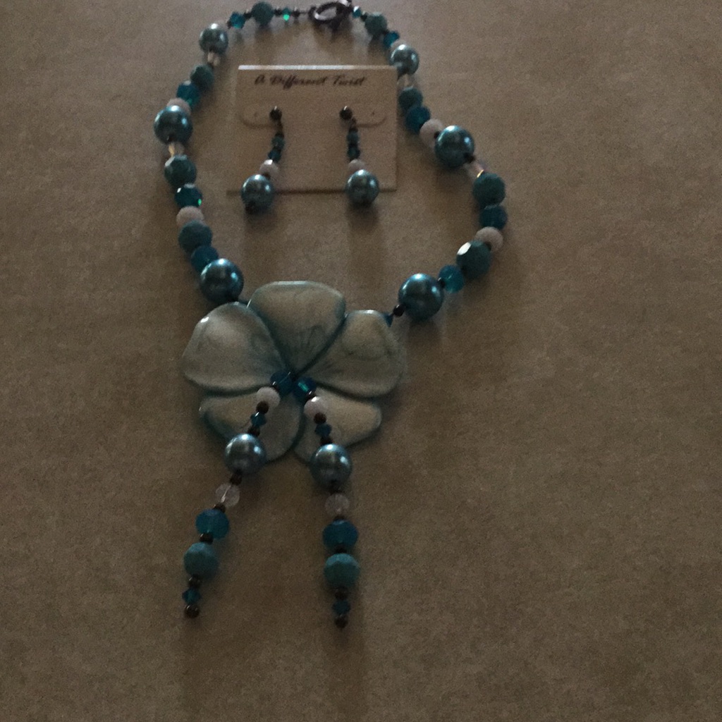 Matching Blue Beaded Necklace And Earrings Set